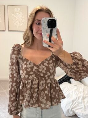 Grade and Gather Size Small Women's Brown Floral Peplum Blouse